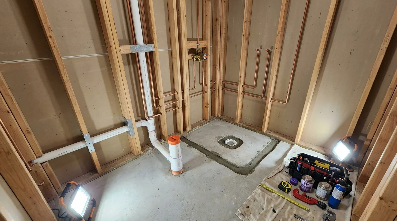 Bathroom rough-in plumbing during remodel by Johns Plumbing LLC in Glide