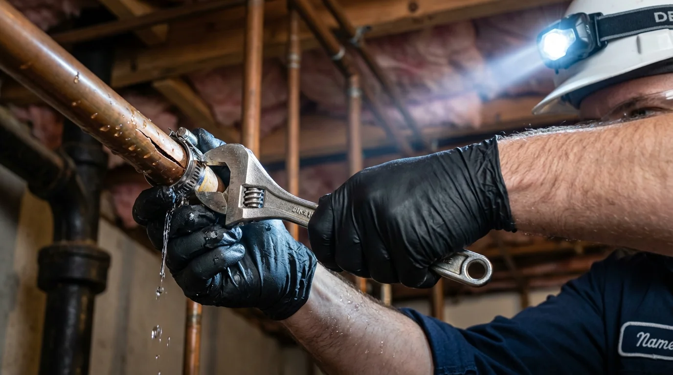 Emergency pipe clamp repair being performed by a Johns Plumbing LLC plumber in Glide