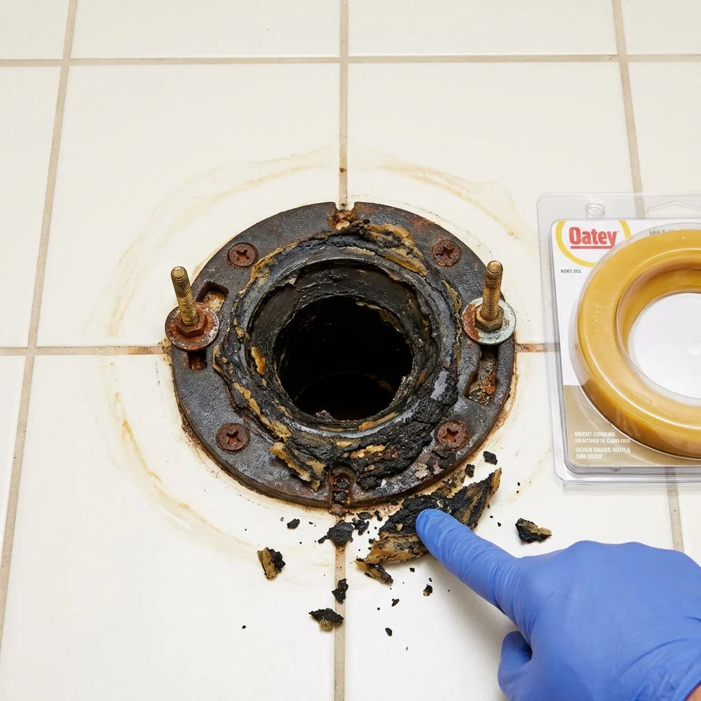Failed wax ring showing water seepage at the base of a toilet in a Glide, OR home