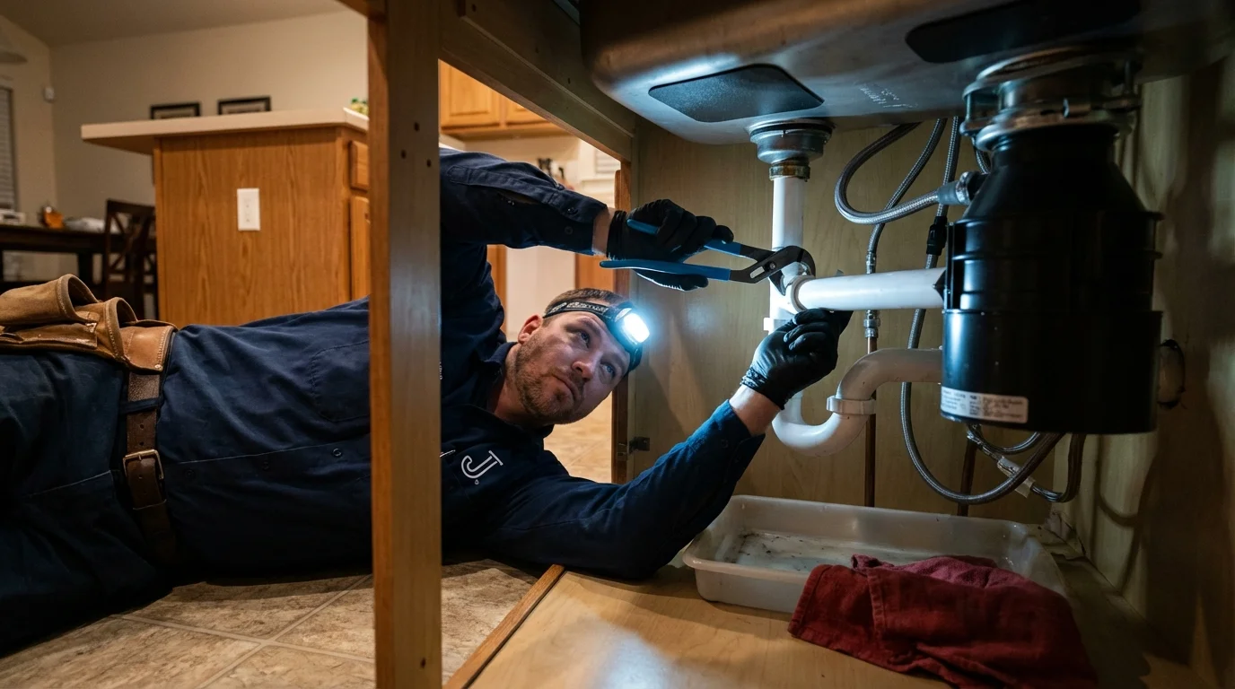 P-trap and supply line connections under a kitchen sink showing a common leak point in Glide, OR